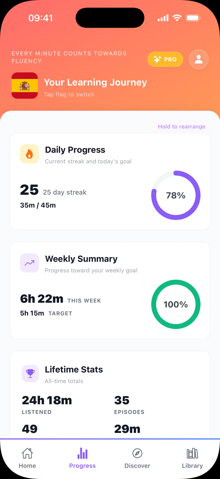 Progress screen showing a 25 day streak, weekly summary and lifetime stats