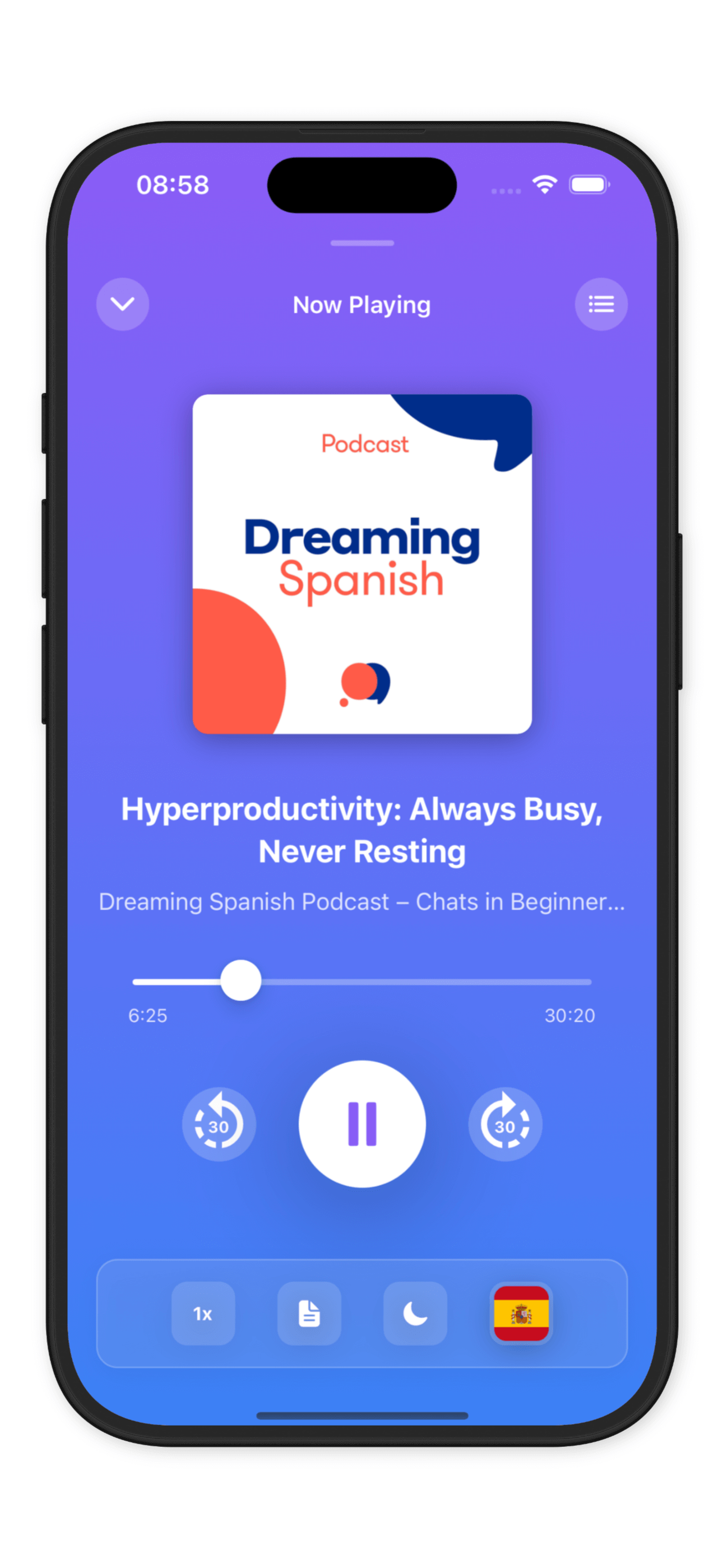 Full-screen podcast player interface