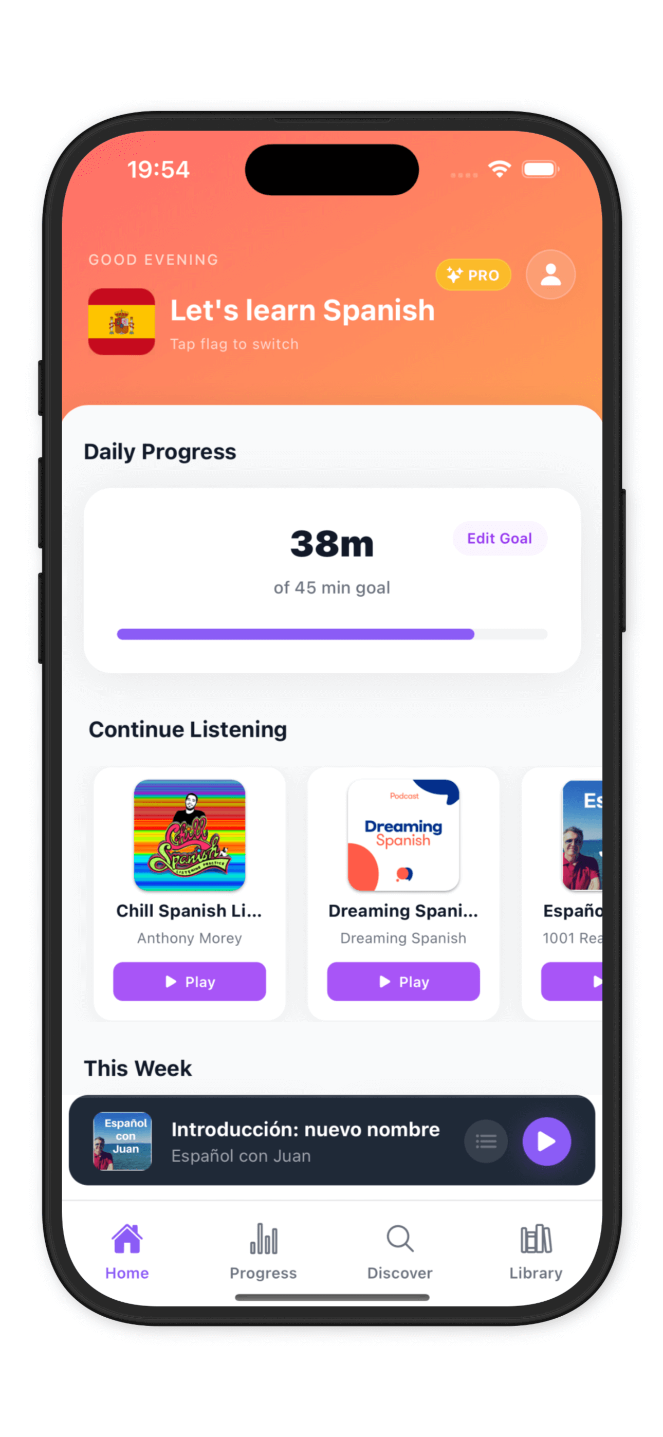 PolyPod Home Screen showing language progress tracking