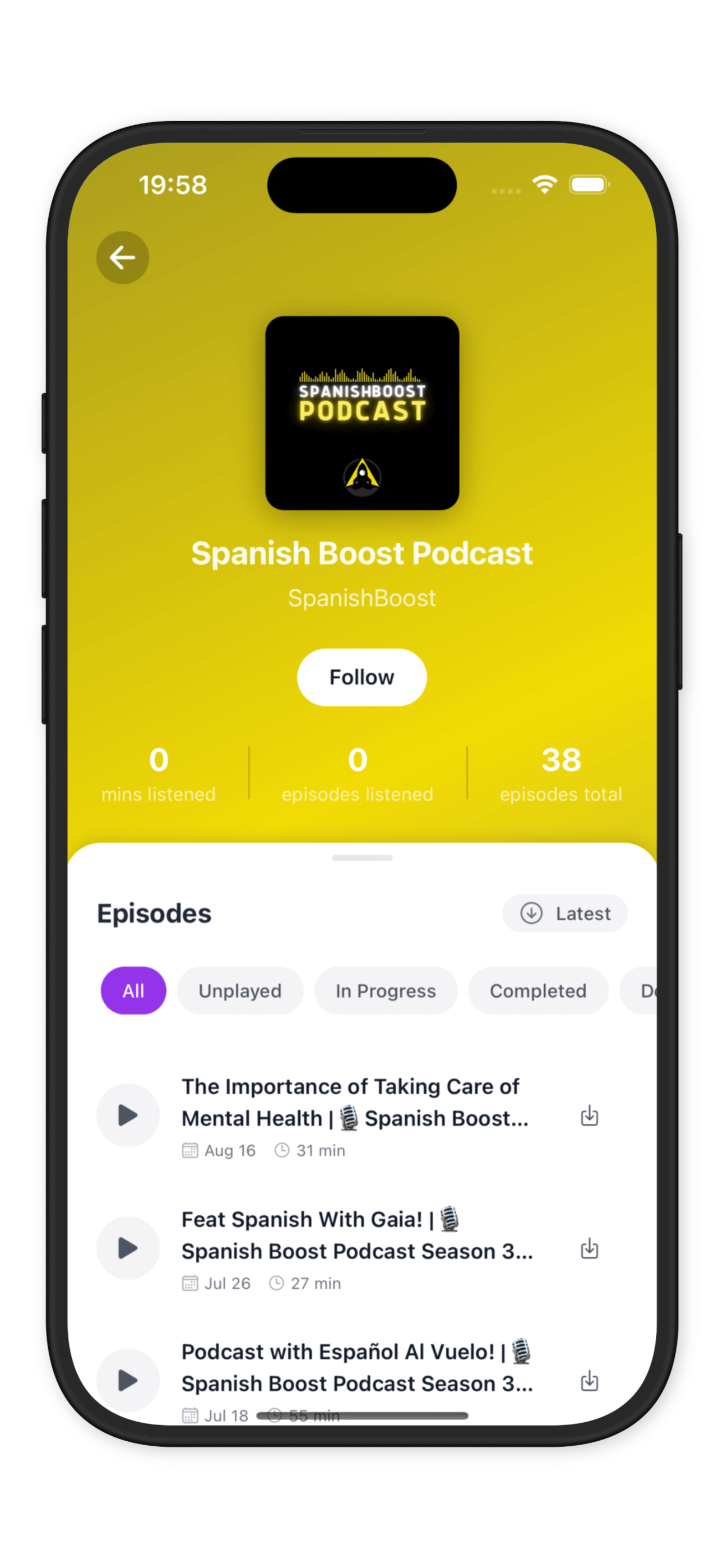 Podcast details with episode tracking
